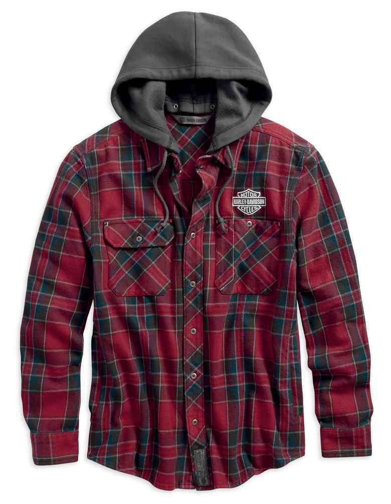 Harley-Davidson® Men's Hooded Slim Fit Plaid Shirt, Red & Gray 96529 ...