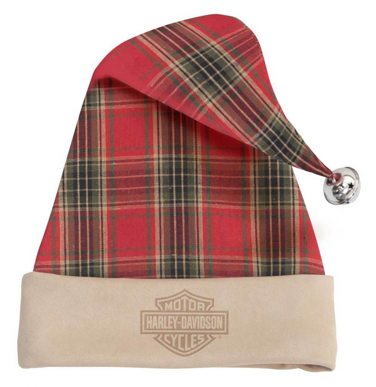 Harley-Davidson® Holiday Santa Hat w Bell - Plaid & Cream Faux Suede 